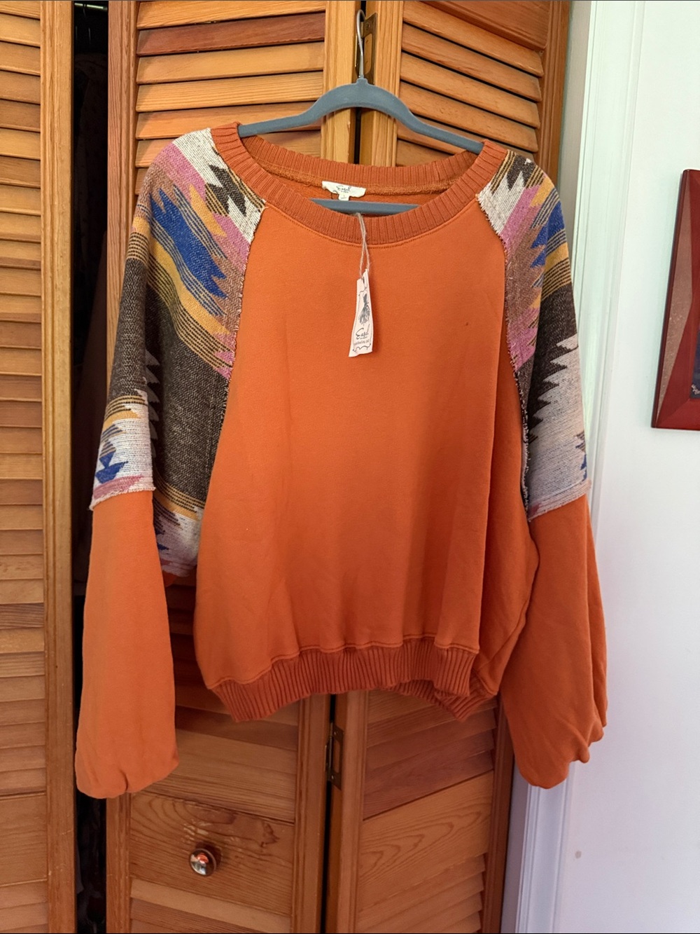 Easel Burnt Orange Aztec Cotton and Soft Knit Pullover Shirt  NWT Oversized